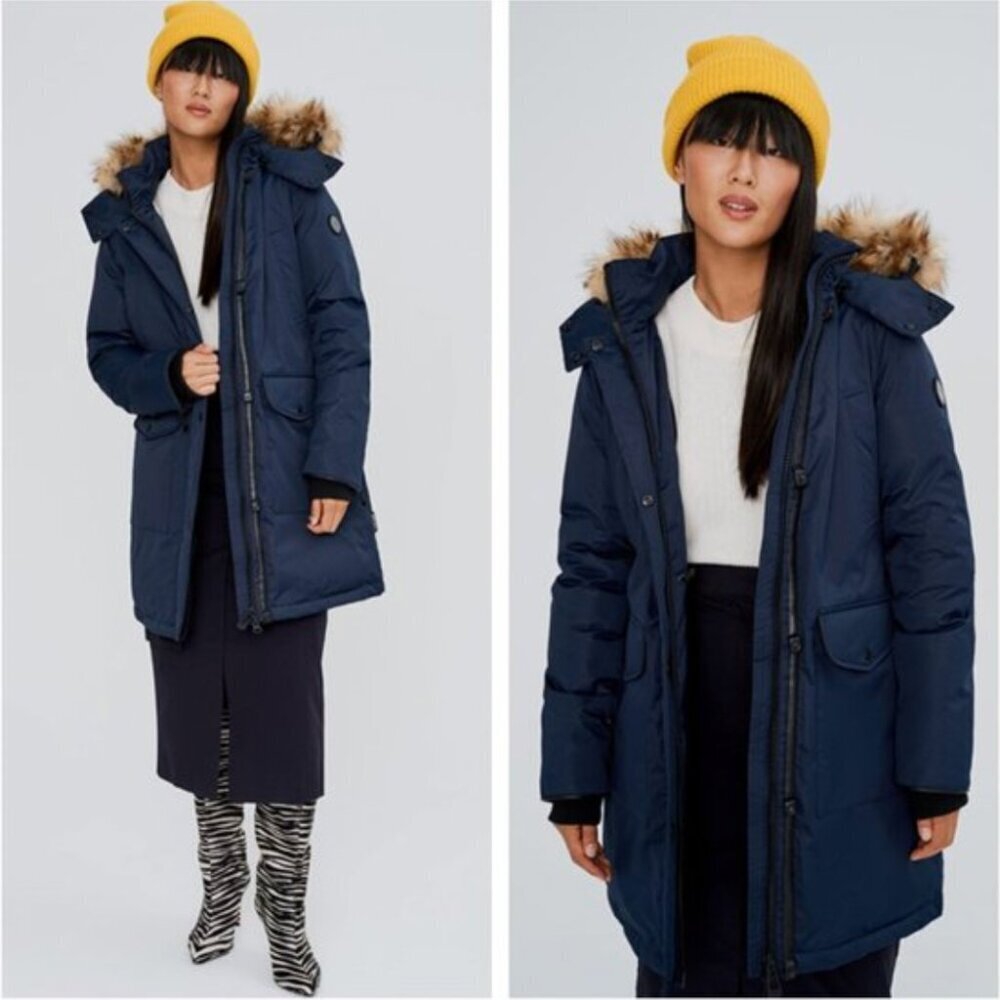 Noize Nora Faux Fur Trim Hooded Parka Coat In Navy Blue Size S